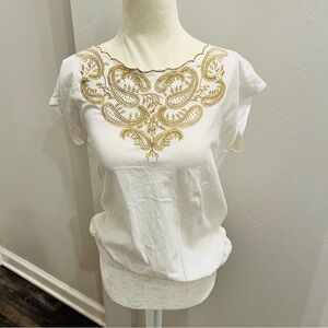 Chaps Gold Paisley Embroidered White Women's Smocked Top-Size PL